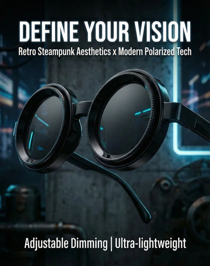 Polarized Steampunk Round Sunglasses - ND9 Adjustable Dimming, Small Frame Light-Reducing Eyewear for Men, Fishing & Driving UV400