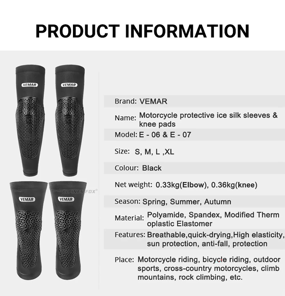 VEMAR Motorcycle Knee and Elbow Pads - Breathable Anti-Fall Protection Guards for Motocross, MTB, DH Cycling - High Elasticity Sleeves