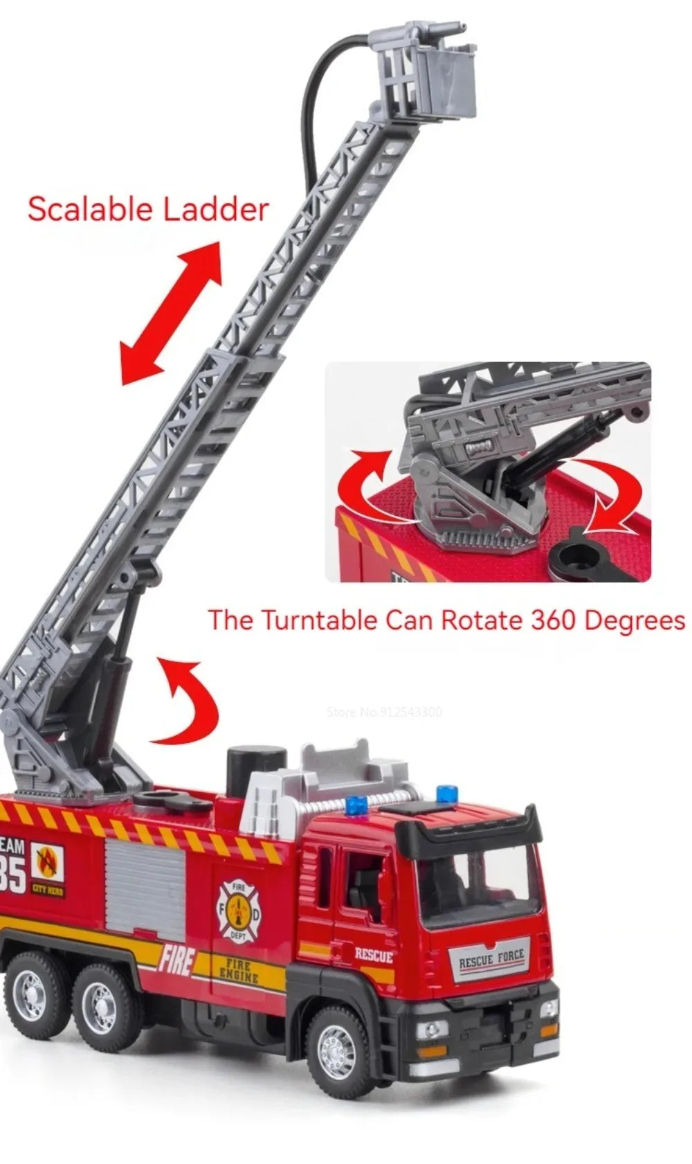 Fire Engine Model Truck 1:32 Scale with Water Spray Function - Ladder Truck Toy with Sound & Light Effects, Pull-Back Action, Opening Doors - Vehicle Collection Gift for Boys