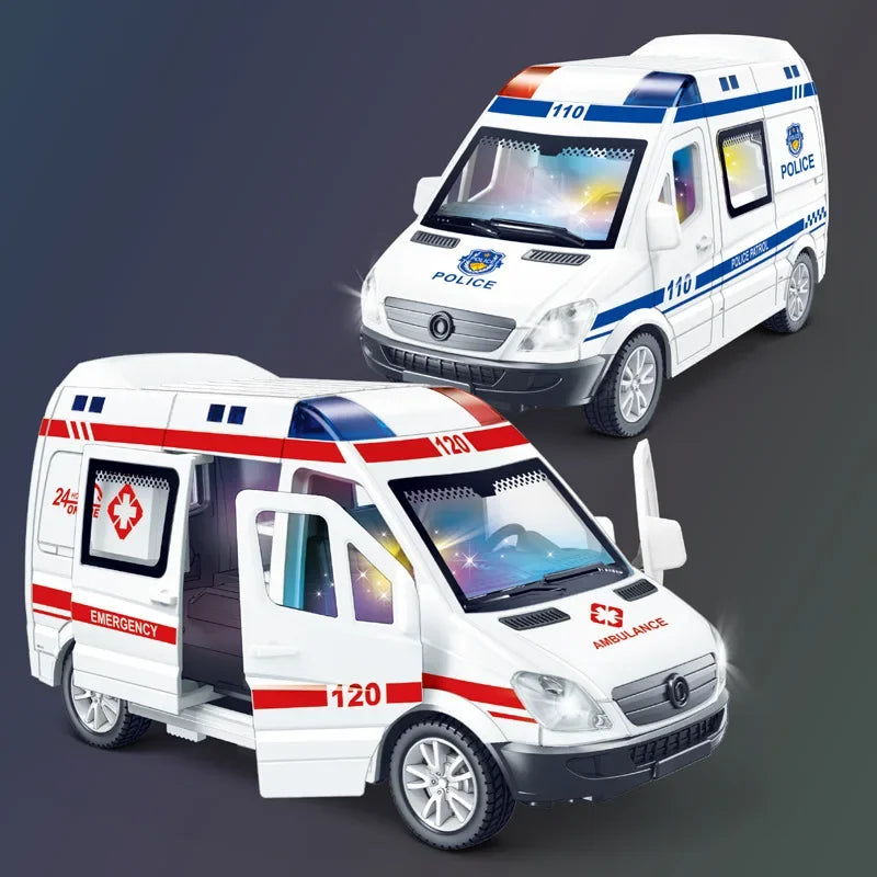 1:32 Scale Diecast Emergency Vehicle Model - Mini Car with Sound & Light (Ambulance, Fire Truck, Police Car)