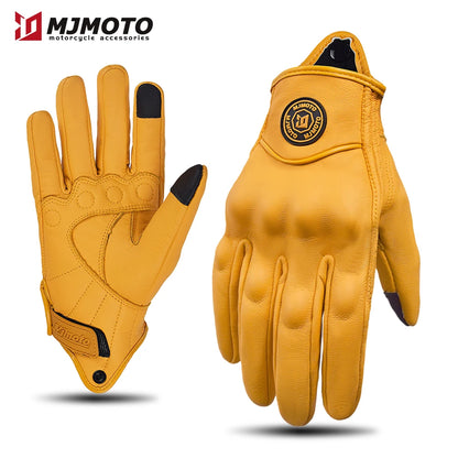 Breathable Perforated Leather Motorcycle Gloves - Retro Yellow Racing Gloves with Touch Screen for Men & Women - Motocross Motorbike Riding Gear