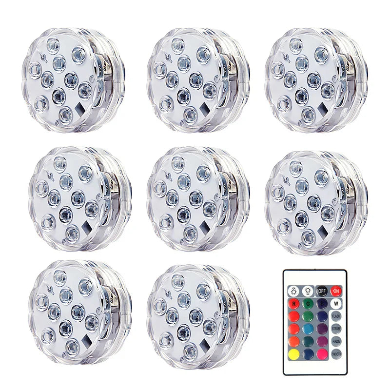 RGB LED Underwater Light - 10 LED Battery Powered Submersible Night Lamp for Swimming Pools, Gardens, Weddings & Party Decorations