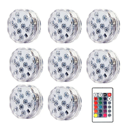 RGB LED Underwater Light - 10 LED Battery Powered Submersible Night Lamp for Swimming Pools, Gardens, Weddings & Party Decorations