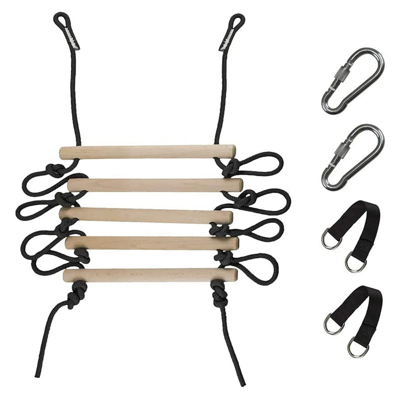 Kids Wooden Rope Ladder Climbing Swing - Indoor Outdoor Playground Recreation Set
