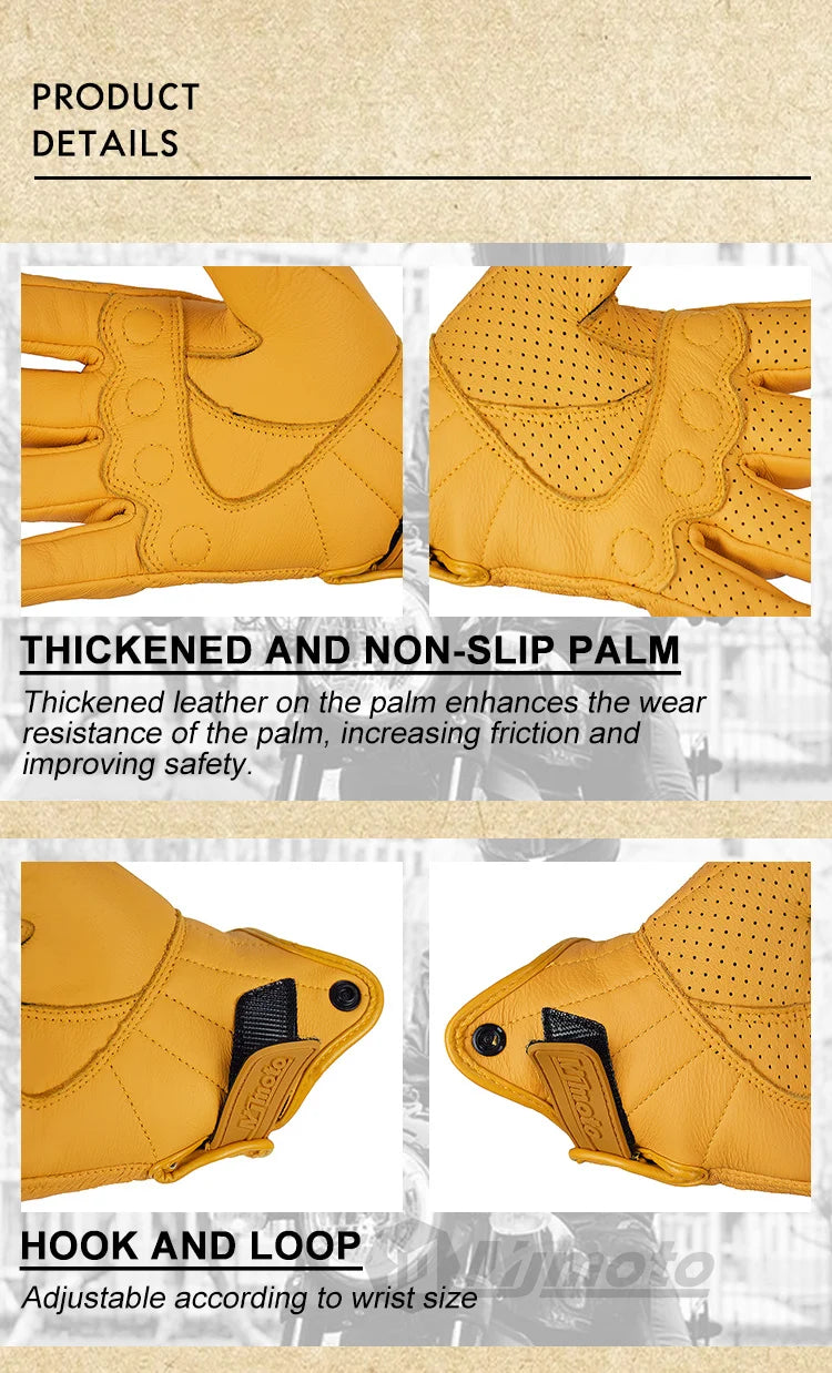 Breathable Perforated Leather Motorcycle Gloves - Retro Yellow Racing Gloves with Touch Screen for Men & Women - Motocross Motorbike Riding Gear