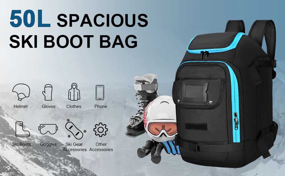 50L Waterproof Ski Boot Bag Backpack - Large Capacity with Dry Wet Separation for Snowboard Boots, Helmet, Goggles & Skis