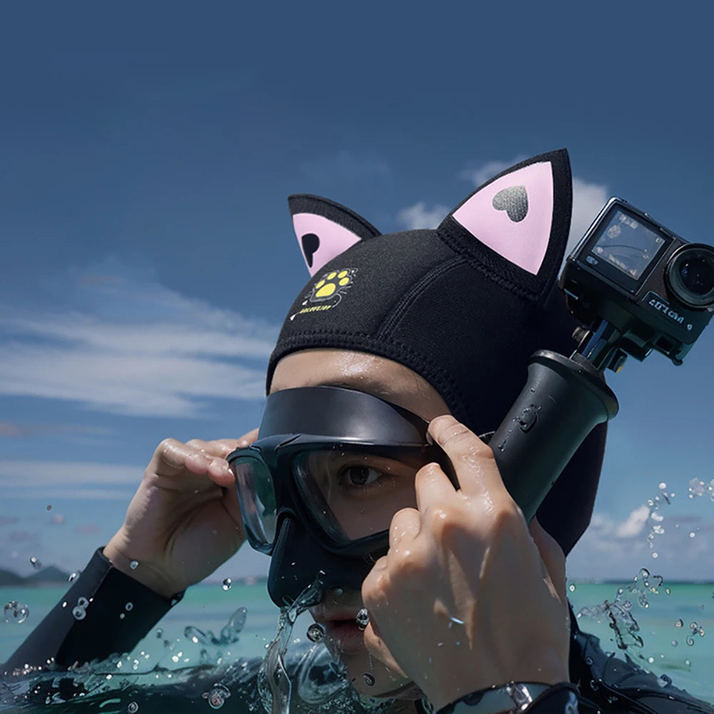 Women's Waterproof 3MM Neoprene Diving Hood - Cute Cat Ears Design with Chin Straps for Swimming & Snorkeling