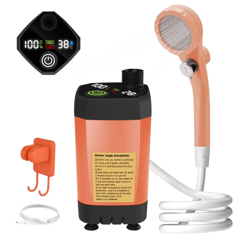 Portable Camping Shower Pump Kit – 6000mAh Outdoor RV Shower with Intelligent Digital Display | Adjustable Camp Shower System