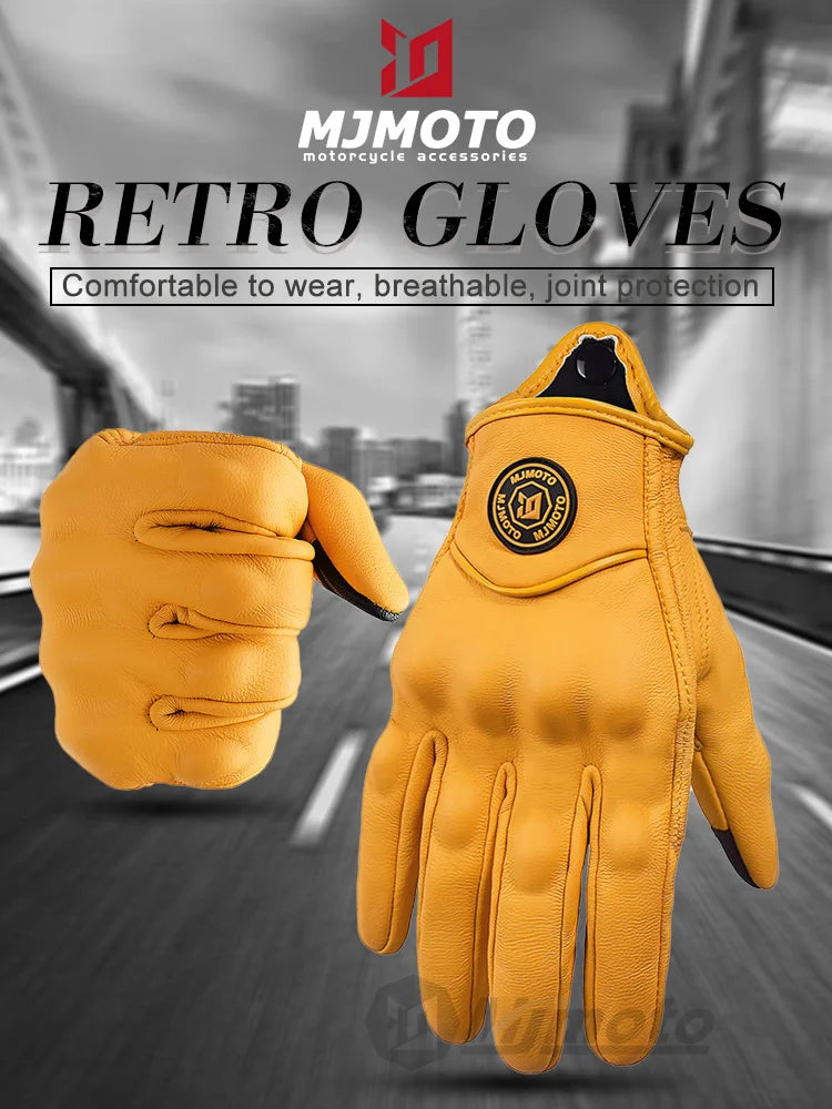 Breathable Perforated Leather Motorcycle Gloves - Retro Yellow Racing Gloves with Touch Screen for Men & Women - Motocross Motorbike Riding Gear