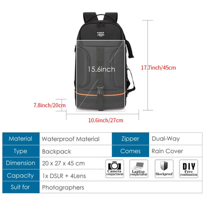 Large Capacity Camera Backpack - Waterproof Oxford DSLR Bag with 15.6" Laptop Compartment