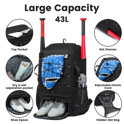 Youth Baseball Softball Backpack - Large Capacity Equipment Bag with Shoe Compartment