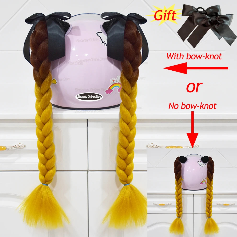 Motorcycle Helmet Braids - 2 Piece Set Women's Ponytail Wig with Suction Cup for Motorbike Helmets (164 Colors Available, Dual Pigtail Twist Style)
