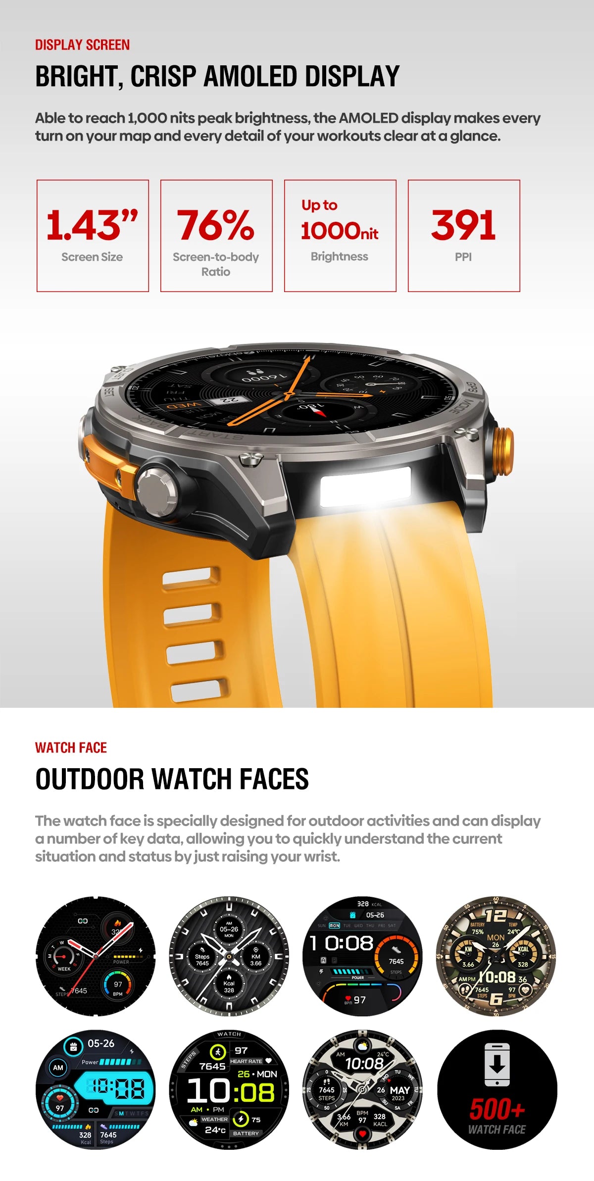 Zeblaze Stratos 4 GPS Smartwatch - 1.43'' AMOLED Screen with Compass, Barometric Altimeter, Flashlight & Voice Calling