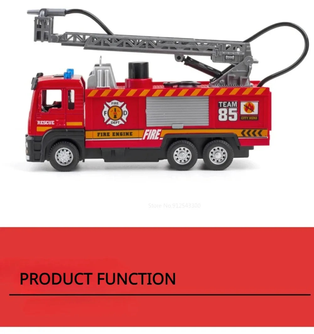 Fire Engine Model Truck 1:32 Scale with Water Spray Function - Ladder Truck Toy with Sound & Light Effects, Pull-Back Action, Opening Doors - Vehicle Collection Gift for Boys