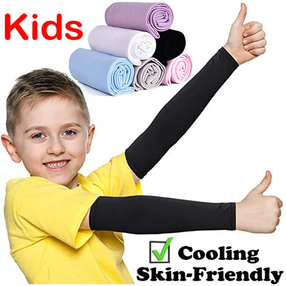 Kids Ice Silk Cooling Arm Sleeves - UV Sun Protection Elastic Sleeves for Boys & Girls Ages 4-12 (Summer Sports & Beach)
