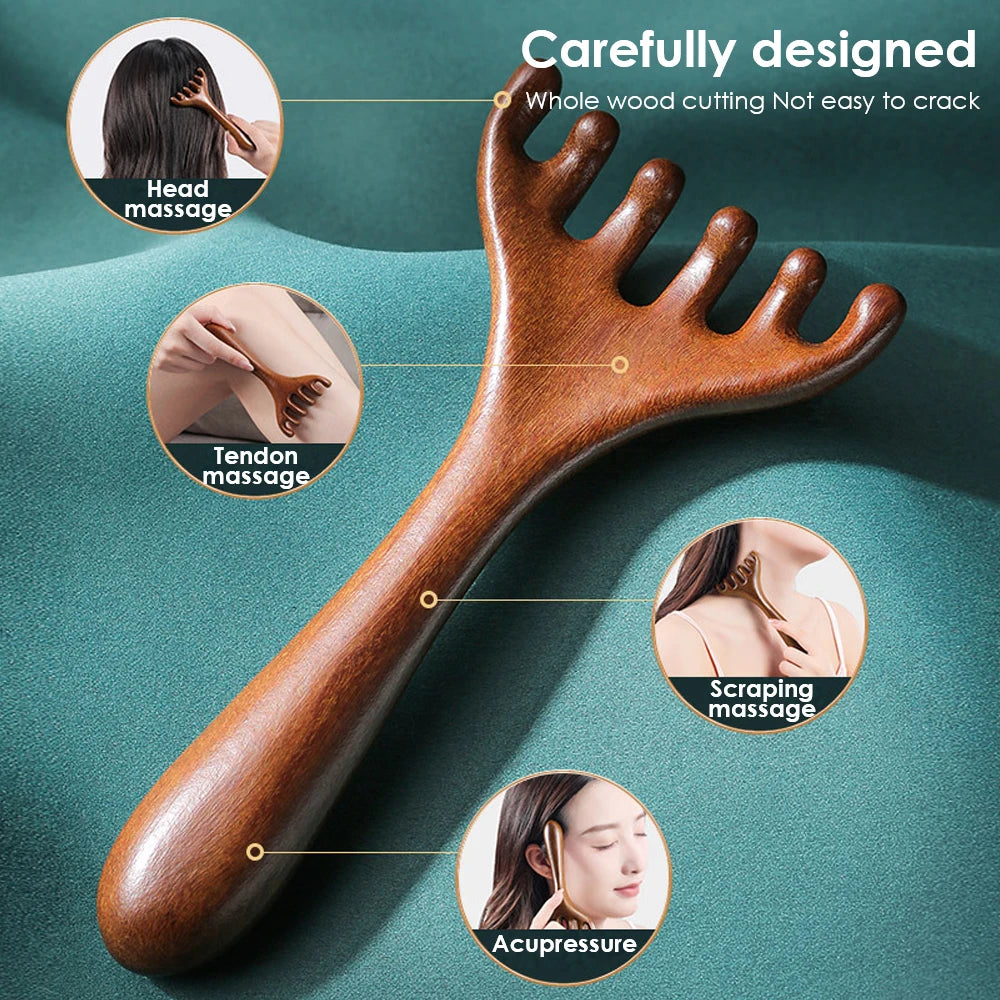 6-Claw Wooden Head Massage Comb - Anti-Static Meridian Massager for Blood Circulation & Gua Sha Therapy
