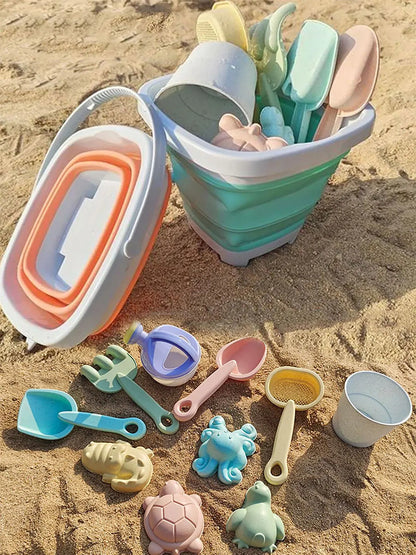 Children's Beach Sand & Water Play Set - 11 Piece Collapsible Bucket Kit with Summer Outdoor Toys for Kids Sandbox Games (Random Color Selection)
