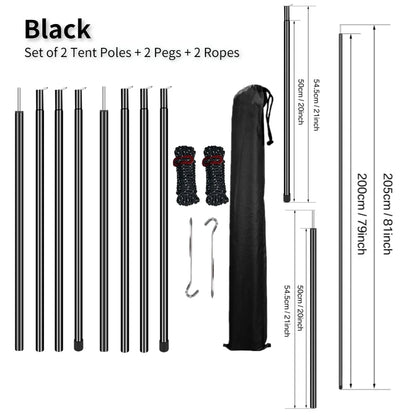 Set of 2 Tent Poles Adjustable Tarp Poles Steel Rods for Sun Shelter Tarp Canopy Camping Replacement With Pegs & Ropes