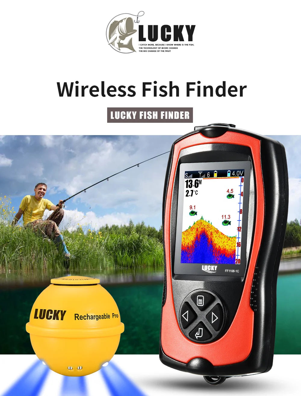 Wireless Fish Finder - Rechargeable Sonar Sensor 45M Depth for Portable Fishing