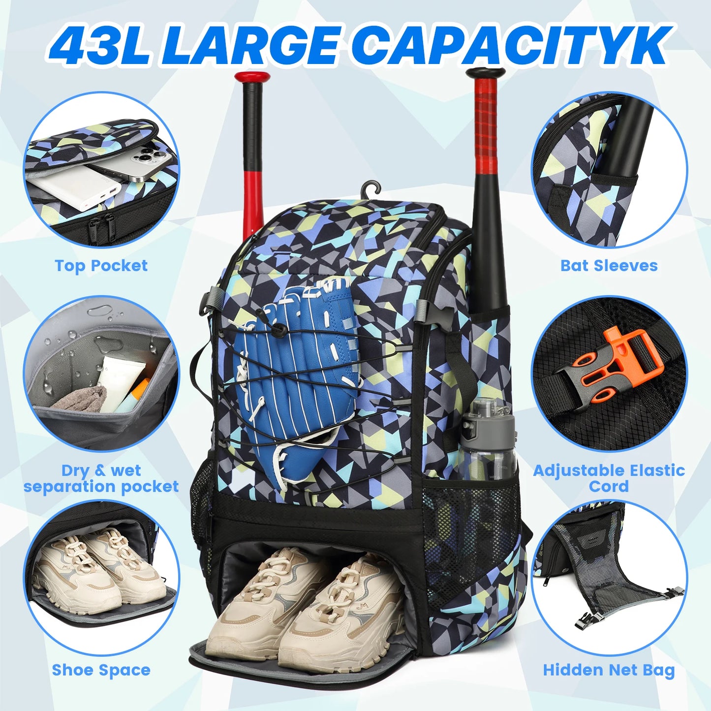 Youth Baseball Softball Backpack - Large Capacity Equipment Bag with Shoe Compartment