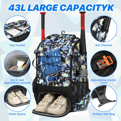 Youth Baseball Softball Backpack - Large Capacity Equipment Bag with Shoe Compartment