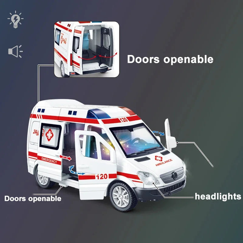 1:32 Scale Diecast Emergency Vehicle Model - Mini Car with Sound & Light (Ambulance, Fire Truck, Police Car)