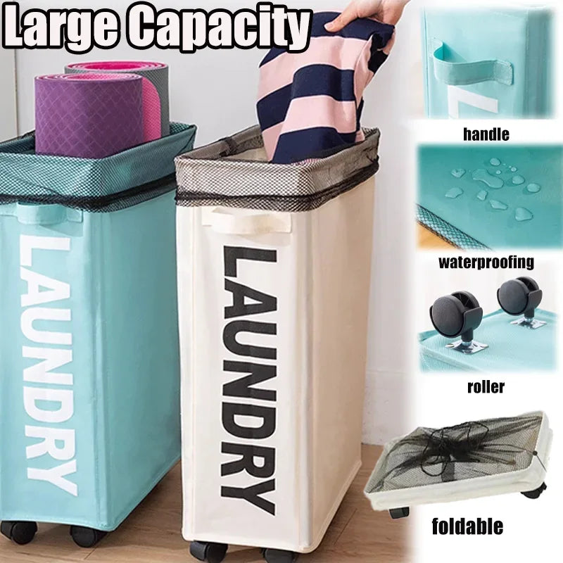 Foldable Laundry Basket with Wheels - Multi-Purpose Storage for Clothes, Yoga Gear & Bathroom Accessories
