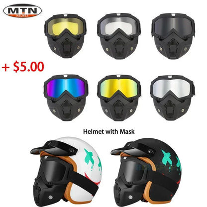 Vintage 3/4 Jet Motorcycle Helmet - DOT Certified Synthetic Leather Open Face Helmet with Mask
