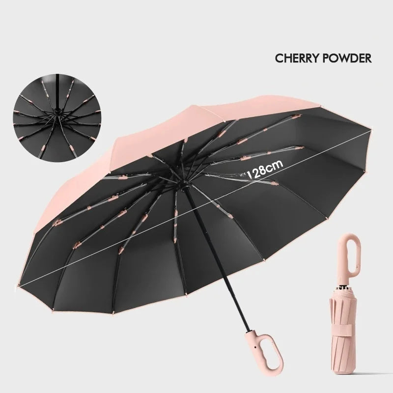 Extra Large 12-Rib Automatic Umbrella - Windproof Dual-Purpose Folding Rain & Sun Umbrella with Ring Buckle & Black Coating