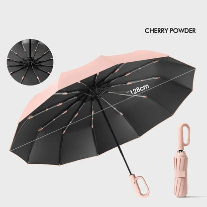 Extra Large 12-Rib Automatic Umbrella - Windproof Dual-Purpose Folding Rain & Sun Umbrella with Ring Buckle & Black Coating
