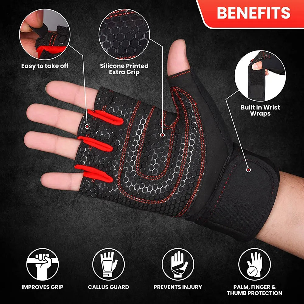 Premium Half-Finger Workout Gloves with Wrist Wrap - Men & Women - Weight Lifting, Training, Cycling & Gym