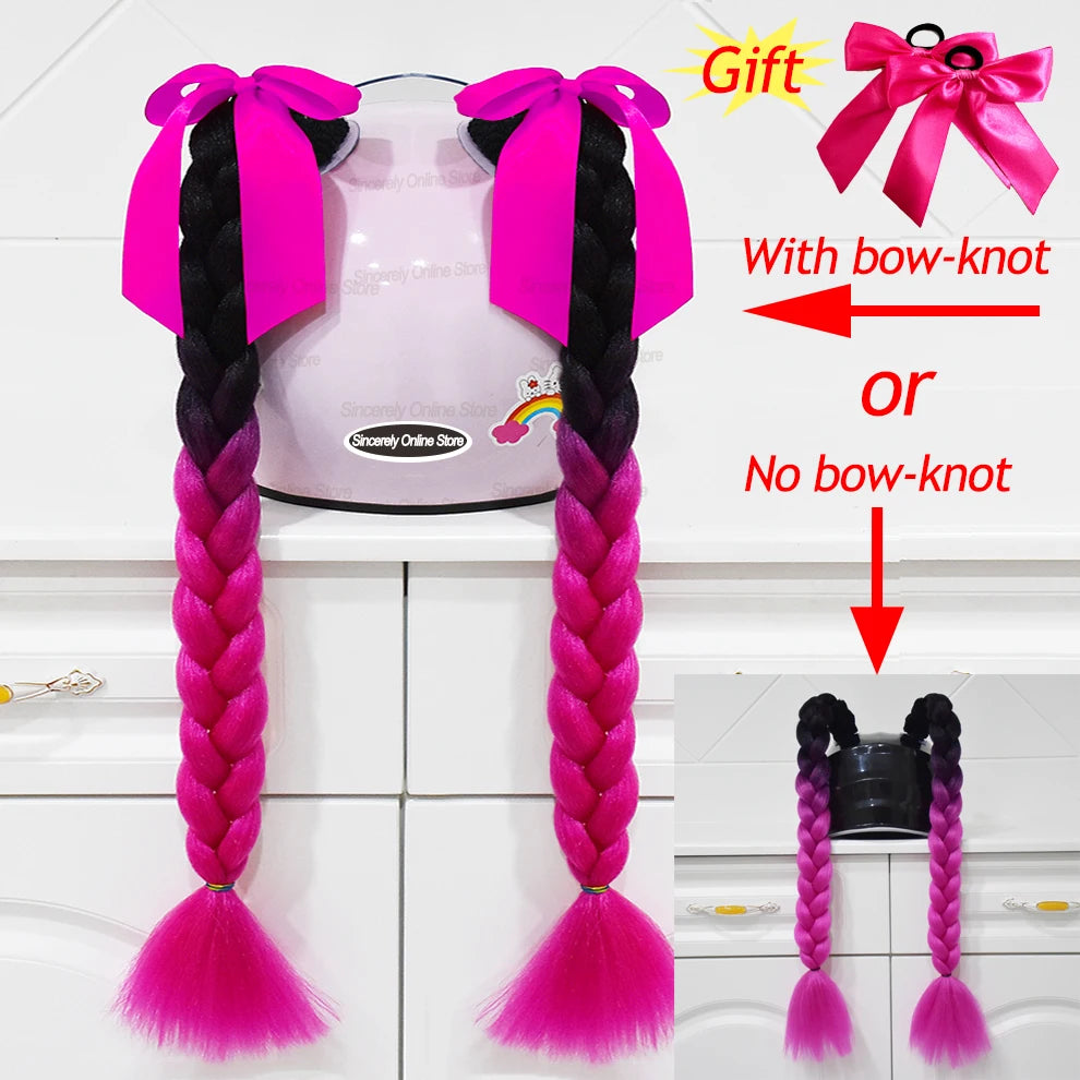 Motorcycle Helmet Braids - 2 Piece Set Women's Ponytail Wig with Suction Cup for Motorbike Helmets (164 Colors Available, Dual Pigtail Twist Style)