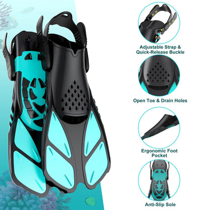 Adjustable Open Heel Swimming Fins - Short Silicone Diving Flippers with Quick-Release Buckles for Adult Men & Women Travel Size