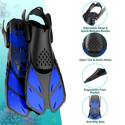 Adjustable Open Heel Swimming Fins - Short Silicone Diving Flippers with Quick-Release Buckles for Adult Men & Women Travel Size