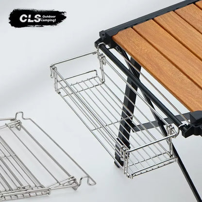 Folding Aluminum Table Extension Rack - IGT Compatible Hanging Mesh Storage Basket with Side Bracket for Outdoor Tables