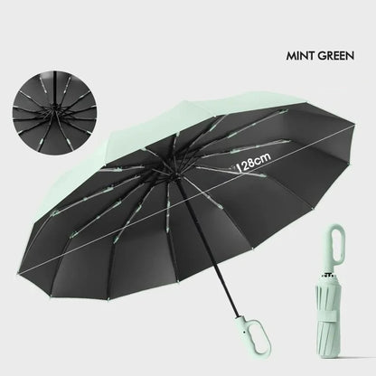 Extra Large 12-Rib Automatic Umbrella - Windproof Dual-Purpose Folding Rain & Sun Umbrella with Ring Buckle & Black Coating