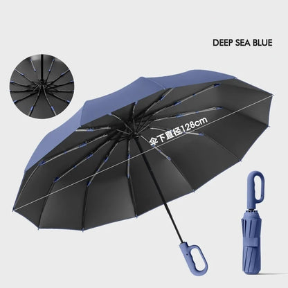 Extra Large 12-Rib Automatic Umbrella - Windproof Dual-Purpose Folding Rain & Sun Umbrella with Ring Buckle & Black Coating