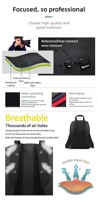 Professional Waterproof Camera Backpack - DSLR Photography Bag for Canon Nikon Sony Olympus Fuji - Digital Video Shoulder Knapsack Case
