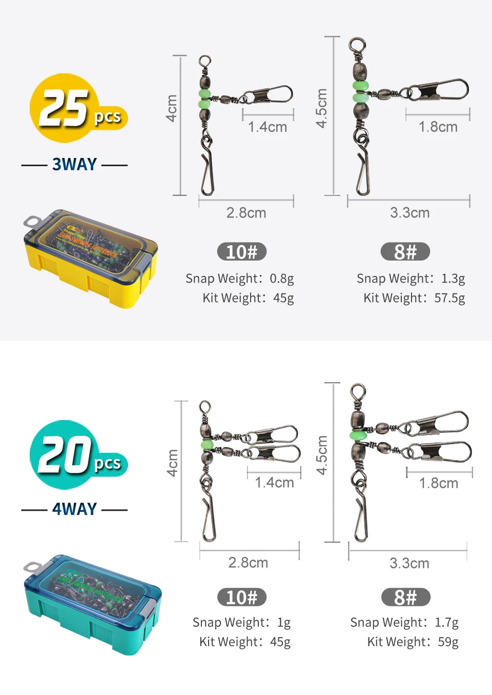 Premium Fishing Swivel Connector Set - Size 8# 10# with Bearing Rolling Swivel & Interlock Snap