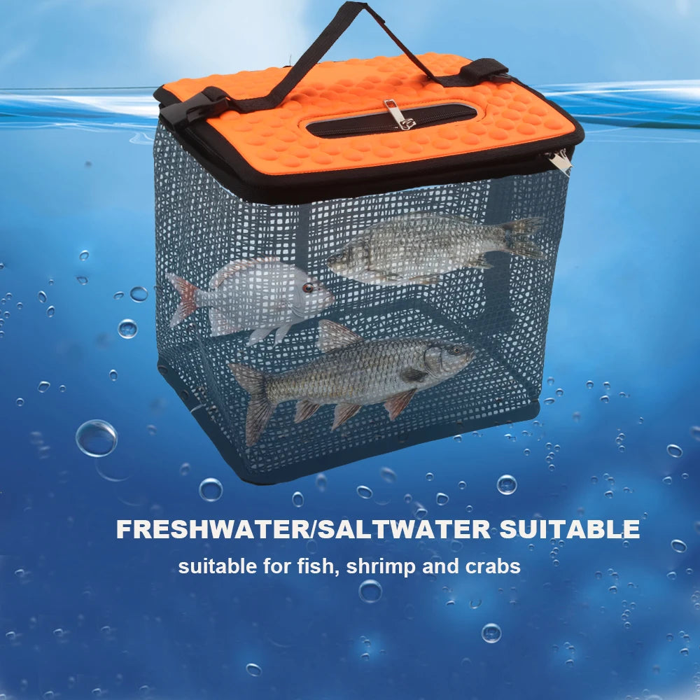 Portable Collapsible Mesh Fish Basket - Foldable Floating Fishing Holder for Caught Fish and Minnow Bait