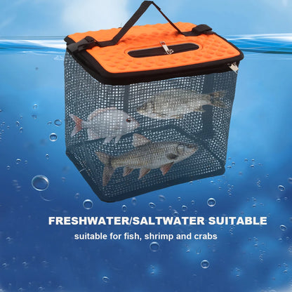 Portable Collapsible Mesh Fish Basket - Foldable Floating Fishing Holder for Caught Fish and Minnow Bait