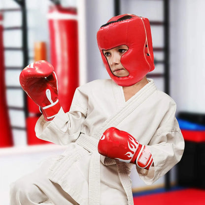 MMA Boxing Training Set - PU Leather Safety Gloves & Head Gear Protector for Adults & Kids - Kickboxing Equipment
