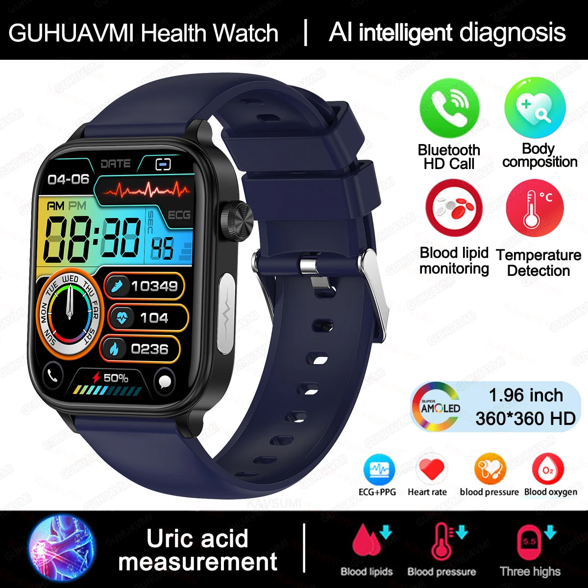 Advanced Health Monitoring Smart Watch - ECG+PPG, Blood Pressure, Heart Rate, 1.96" AMOLED Display, 100+ Sports Modes (Men & Women)