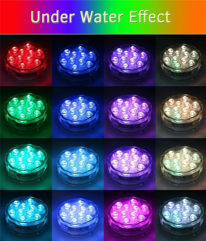RGB LED Underwater Light - 10 LED Battery Powered Submersible Night Lamp for Swimming Pools, Gardens, Weddings & Party Decorations