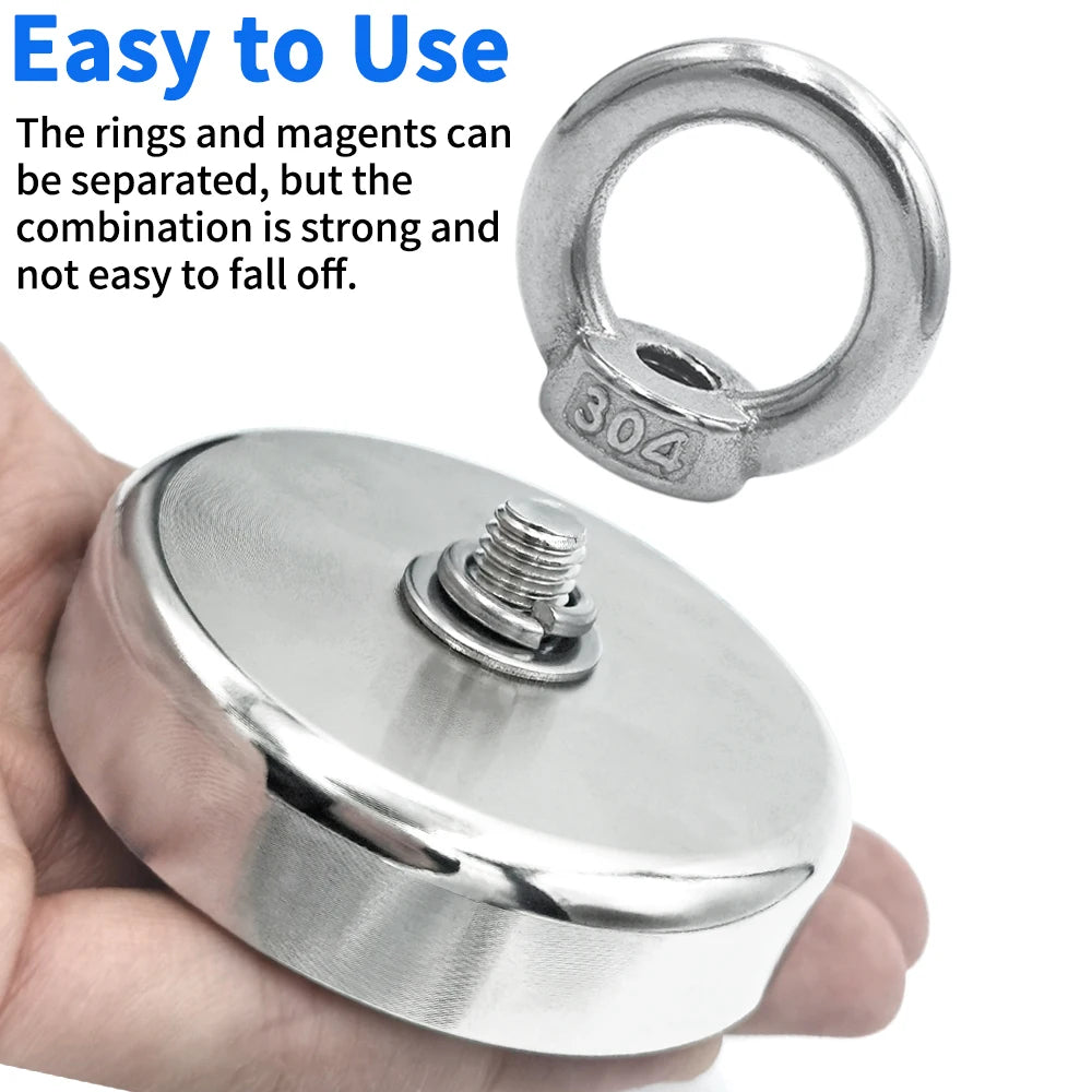 Neodymium Fishing Magnet - N52 Heavy Duty Rare Earth Magnet with Eyebolt (D16-D42mm, 5-61kg Pull Force)