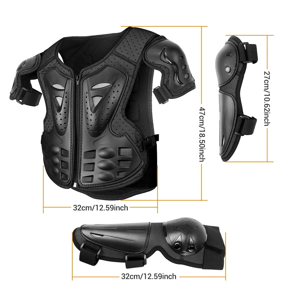 Kids Full Body Motorcycle Armor Set - Protective Vest Jacket with Kneepads for Motocross Riding