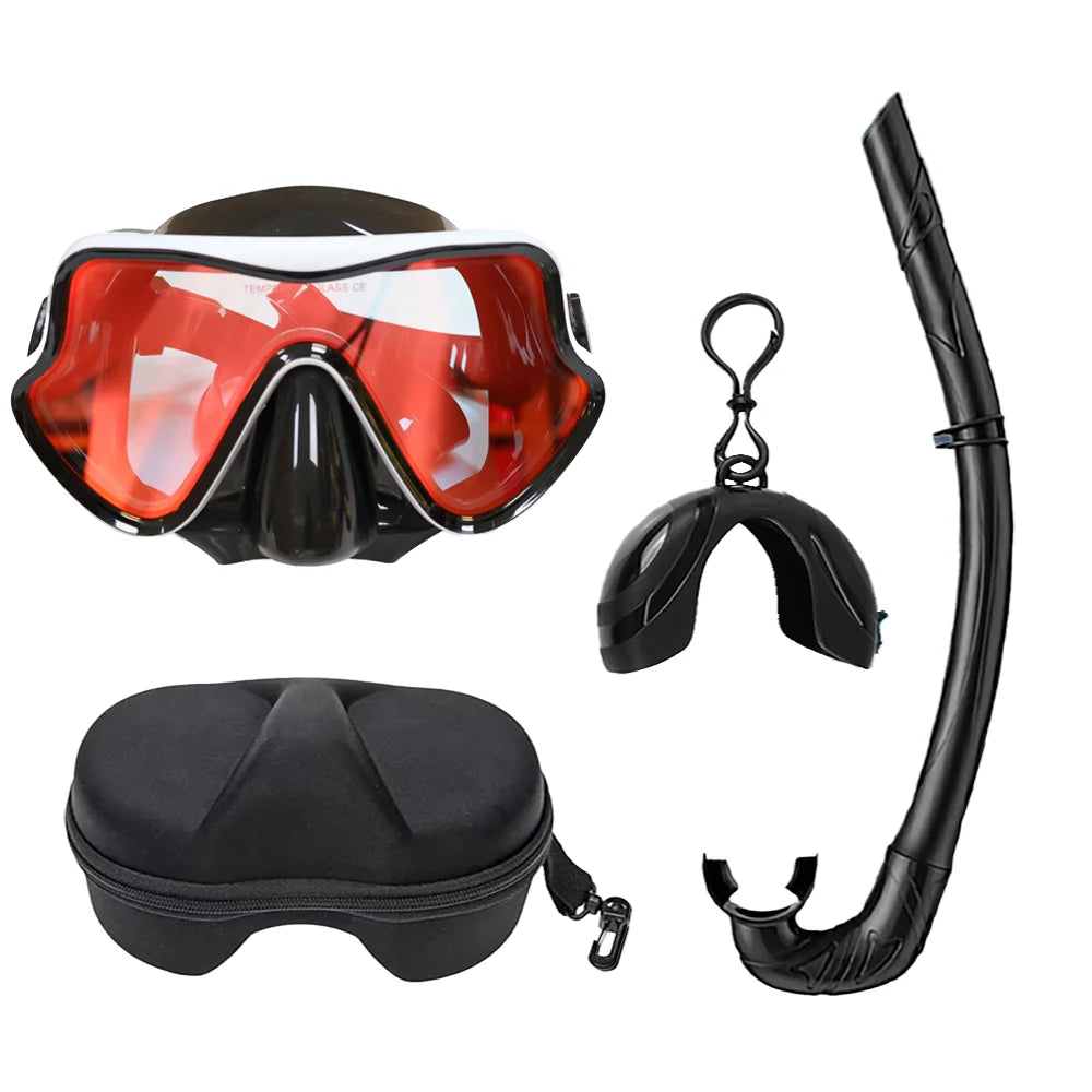 Professional Snorkeling Mask Set Tempered Glass Diving Goggles Foldable Dry Snorkel Tube Travel Case Anti-Fog Silicone
