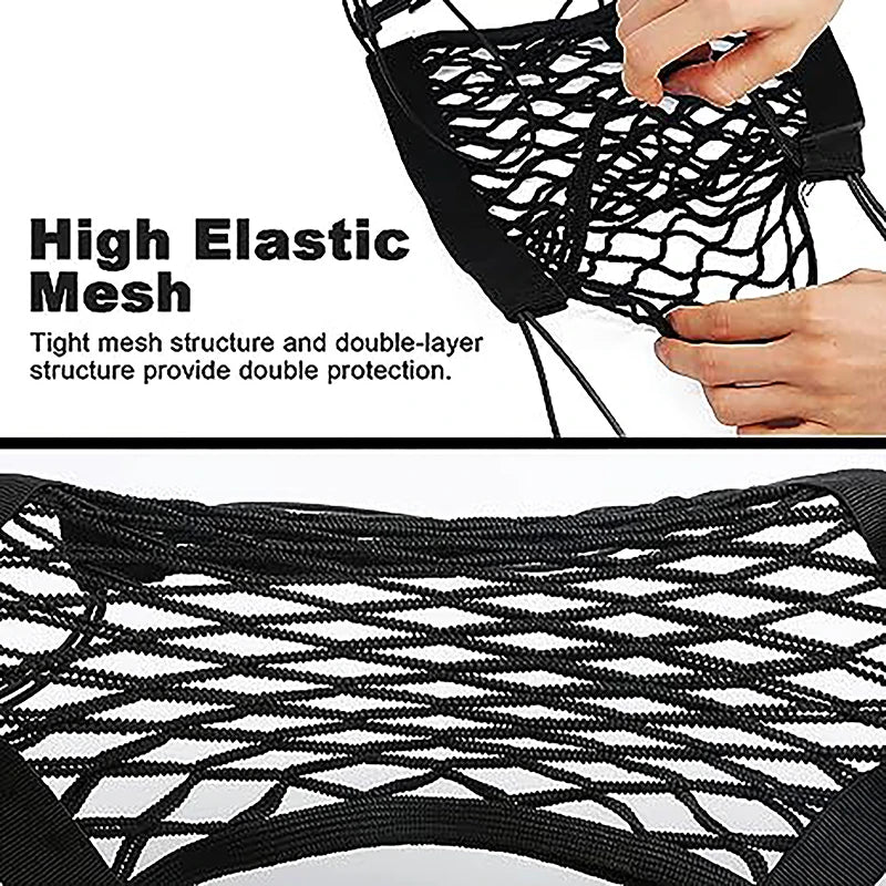 High-Elastic Double Layer Motorcycle Cargo Net - 10"x11" Bungee Net with Hooks for Helmet & Luggage Storage