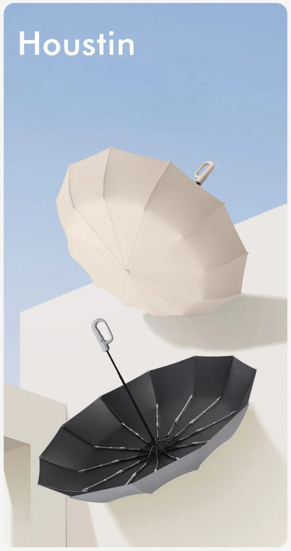 Extra Large 12-Rib Automatic Umbrella - Windproof Dual-Purpose Folding Rain & Sun Umbrella with Ring Buckle & Black Coating