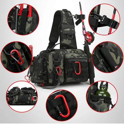 Men's Fishing Backpack with Pole Holder - Equipment Storage Bag with Bait Box, Sling Shoulder Strap